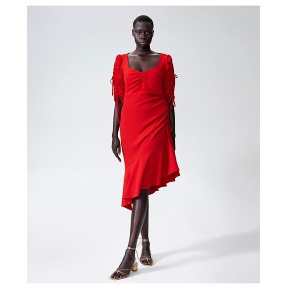 NEW Rodarte x Universal Standard Ruched Tie Sleeve Asymmetric Ruffle Dress Red - Picture 1 of 12